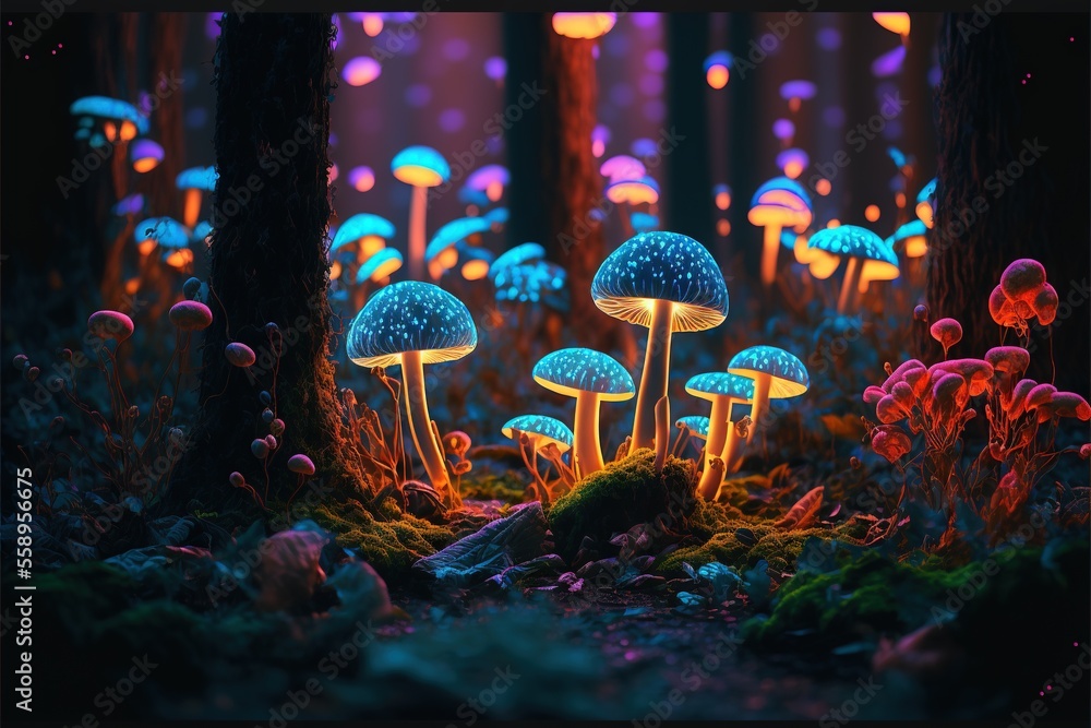 Poster a group of mushrooms that are in the grass near trees and bushes with lights on them and a forest fl