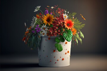  a white vase filled with lots of colorful flowers on a table top next to a wall and a black background with a white frame around the bottom of the vase is a full of flowers. Generative AI - obrazy, fototapety, plakaty