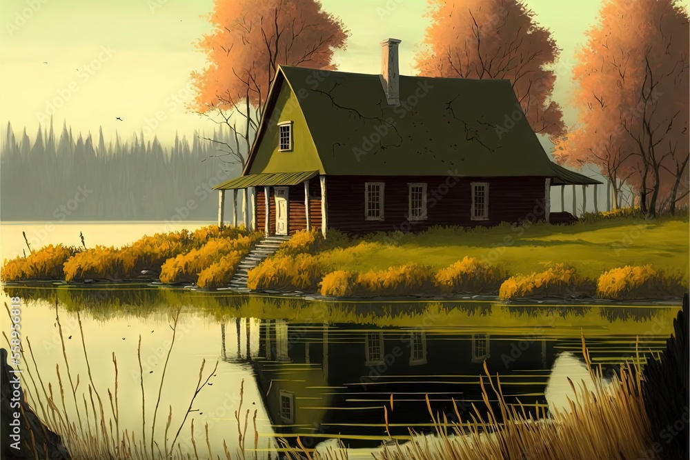 Aufkleber a painting of a house by a lake with a dock and steps leading to it and a boat in the water with a y