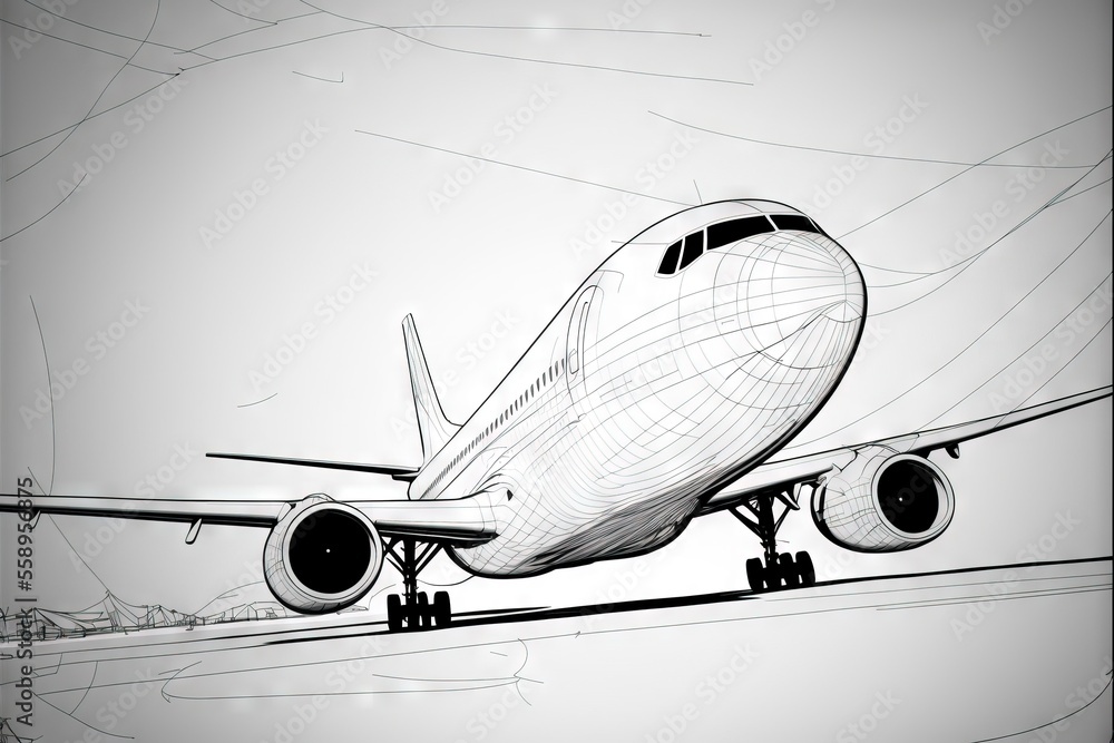 Poster a drawing of a plane on a runway with a sky background and lines in the background, with a plane on 