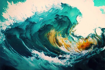 a painting of a wave with a yellow and blue center in the middle of it's ocean waves. Generative AI