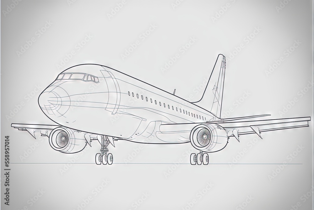 Poster a drawing of a plane on a white background with a line drawing of the plane on the bottom of the pla