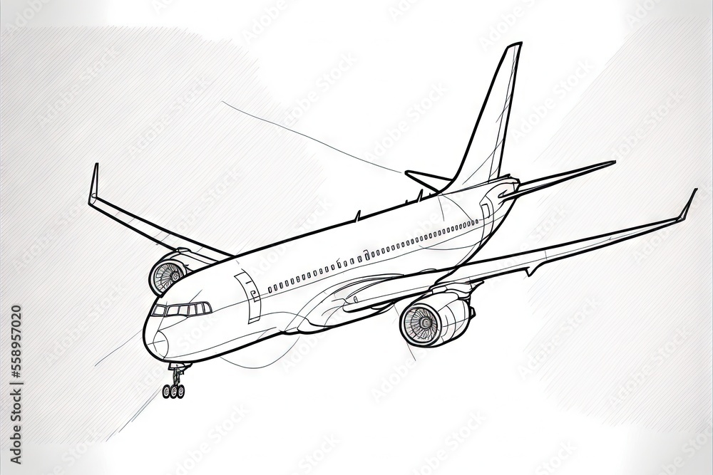 Poster a drawing of a plane flying in the sky with a line drawing of the front end of the plane in the air 