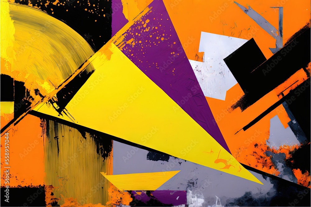 Poster a painting with a lot of different colors on it's surface and a black frame around it that has a yel