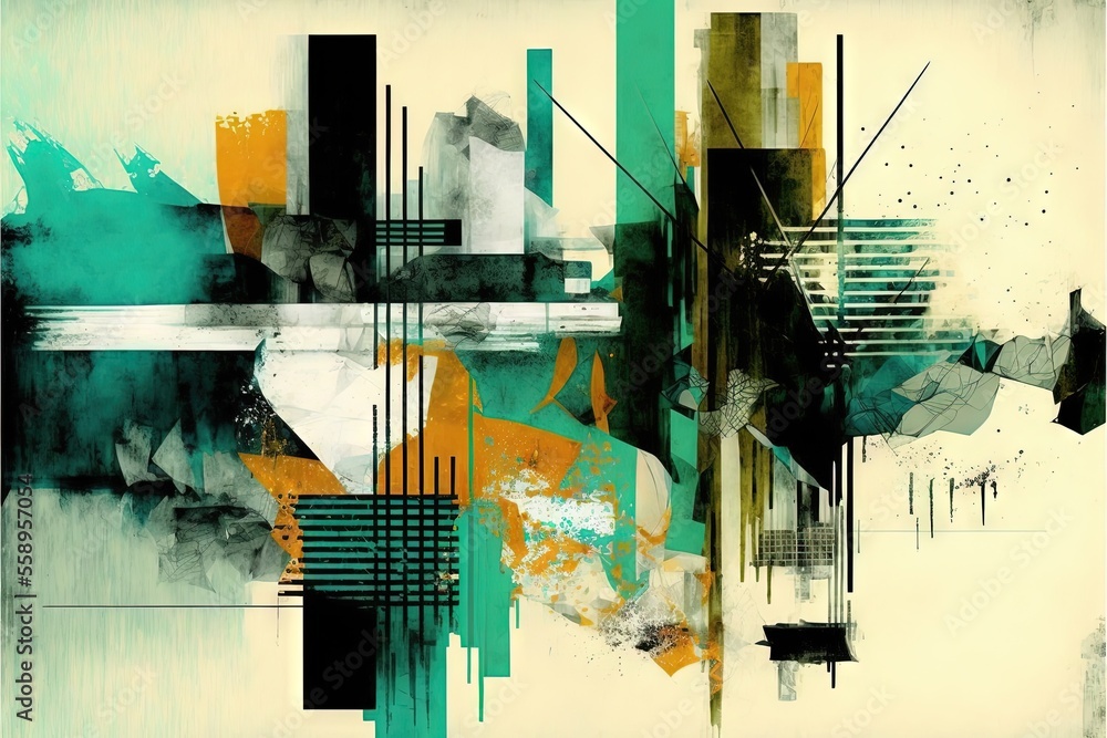 Poster a painting of a city with a lot of different colors and shapes on it's walls and flooring and a cloc