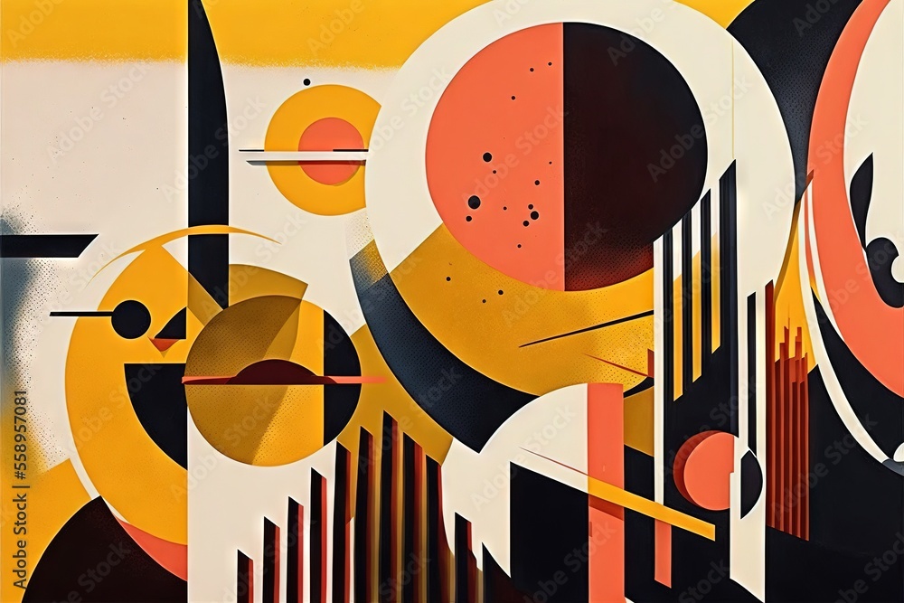 Poster a painting with a lot of different colors and shapes on it's wall, with a clock in the middle of the