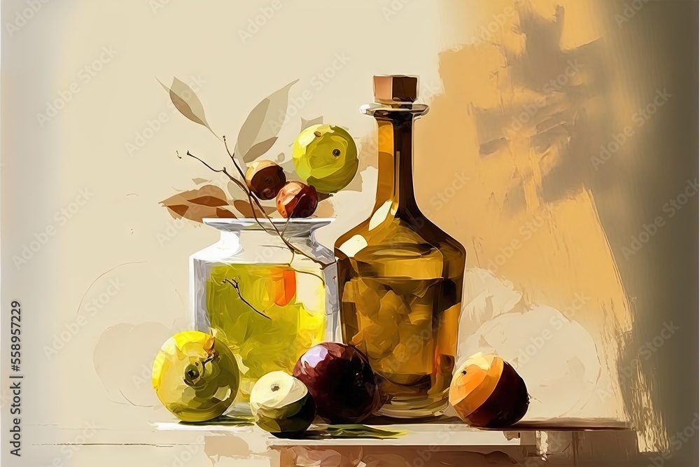 Poster a painting of a bottle of oil and some fruit on a table with a vase of apples and a branch in the ba