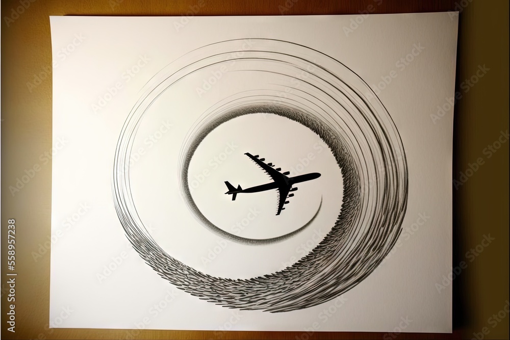 Poster a drawing of a plane flying over a circle of waves in the sky with a plane in the middle of the circ