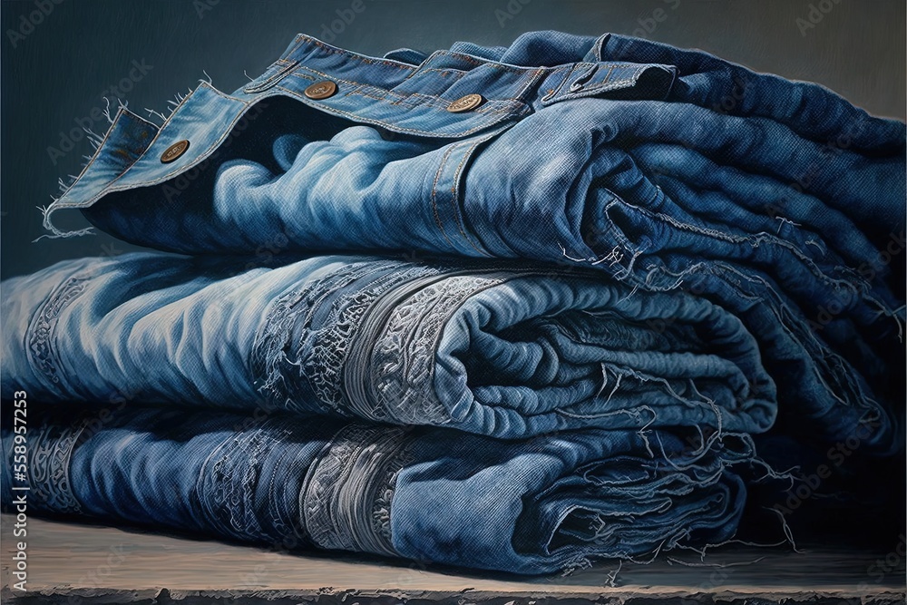 Poster a painting of a stack of folded jeans on a table top with a black background and a blue background w