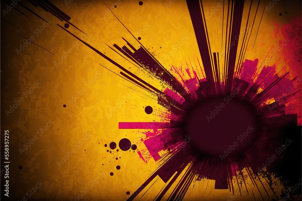 Poster a yellow and red background with a black circle and some circles on it and a black and yellow backgr