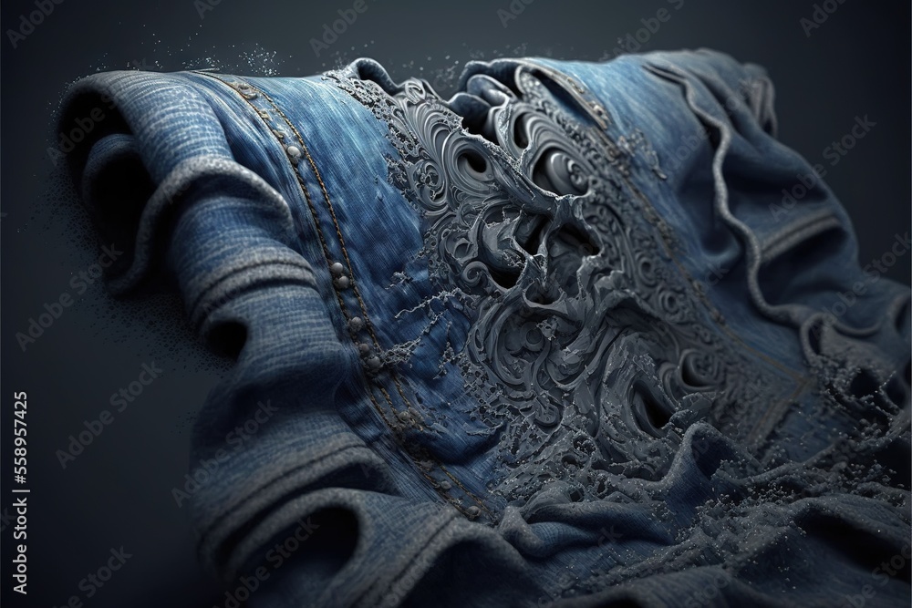 Poster a pair of jeans with a lace on them are shown in a close up photo with a black background and a blue