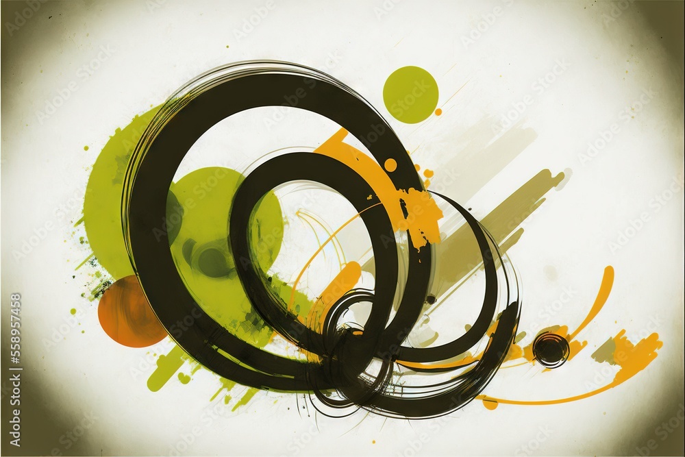Poster a painting of a black and green design on a white background with a black circle and some orange cir