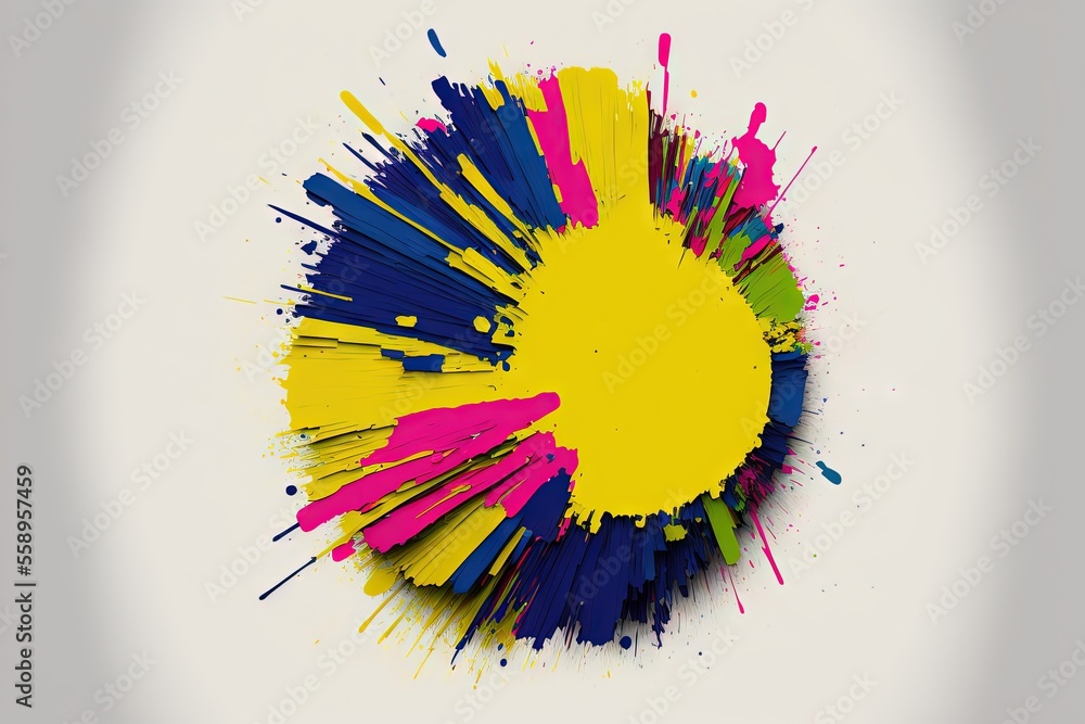 Poster a circular object with paint splatters on it's surface and a yellow circle in the middle of the imag