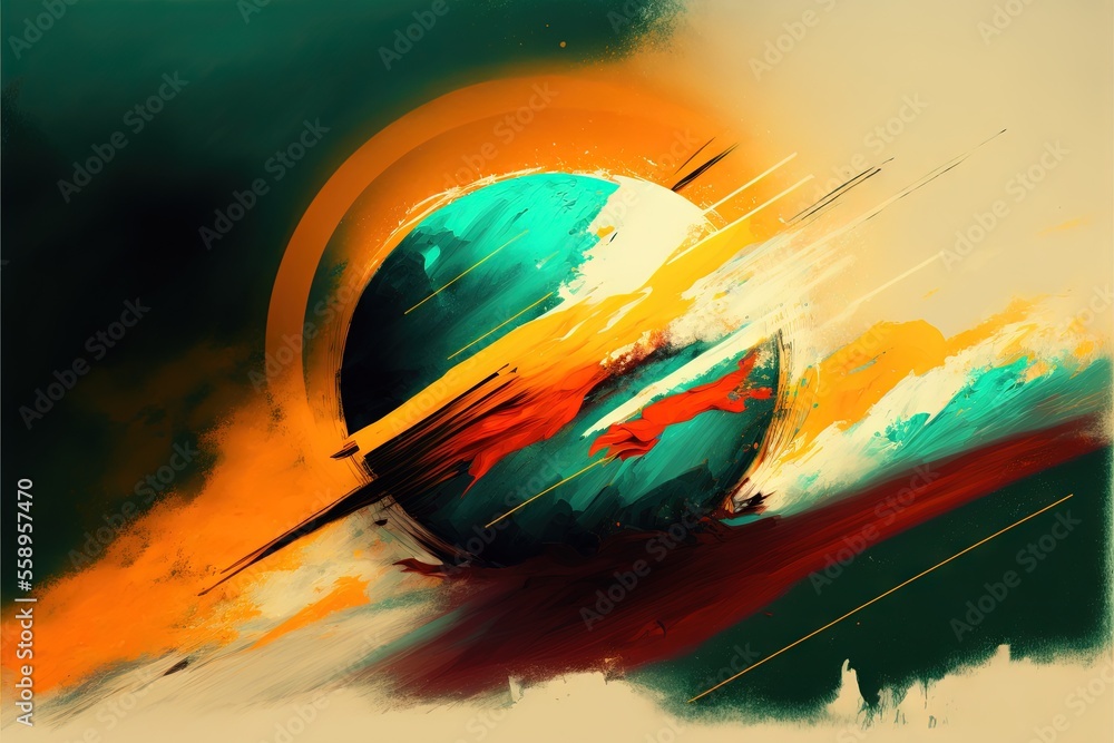 Poster a painting of a colorful ball with a bird on it's side and a yellow circle around it with a red bird