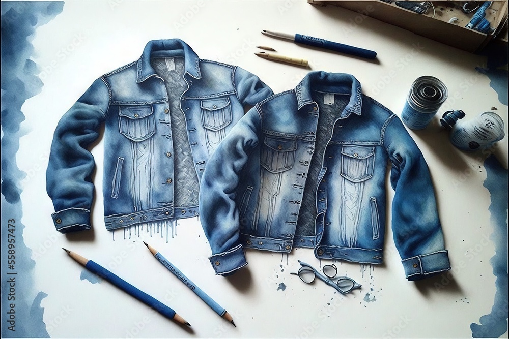 Poster a pair of blue jean jackets with a pair of scissors and a pair of scissors next to them on a table w