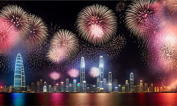 fireworks exploding over a city skyline with reflections in the water, digital render of an city with beautiful new year eve or fourth of july festival fireworks Generative AI