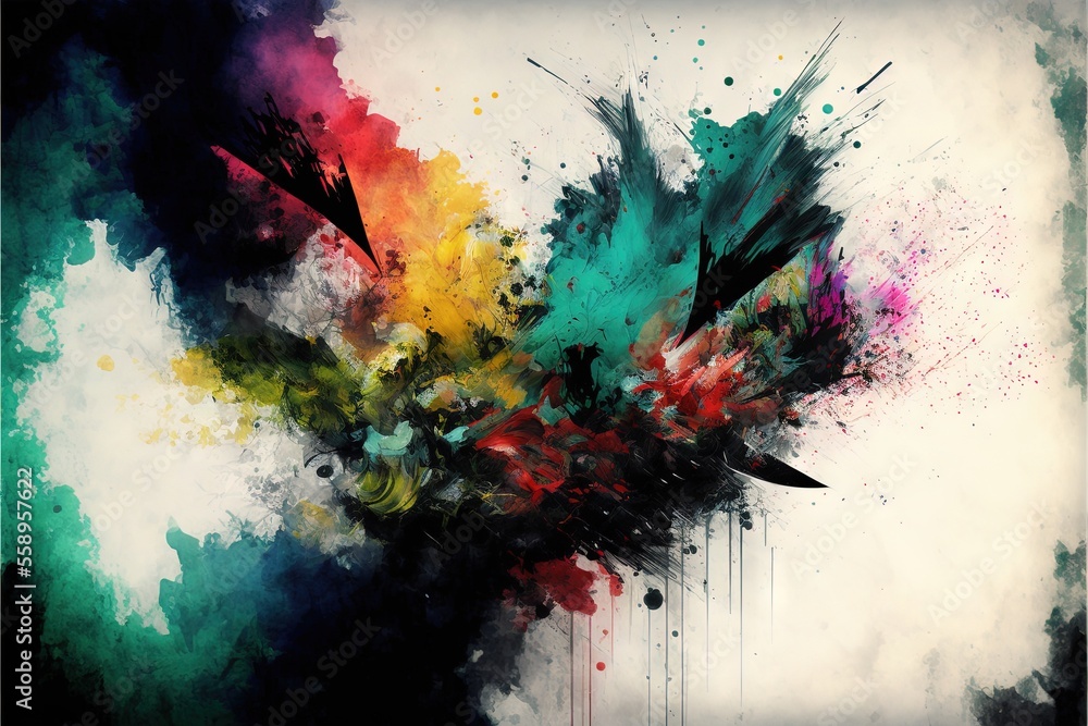 Poster a painting of a bunch of colorful paint splatters on a white background with a black border around i