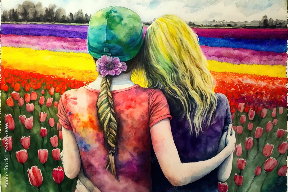 Poster two girls in a field of flowers hugging each other with a rainbow sky in the background and a field 