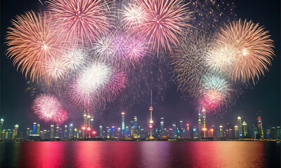 fireworks exploding over a city skyline with reflections in the water, digital render of an city with beautiful new year eve or fourth of july festival fireworks Generative AI