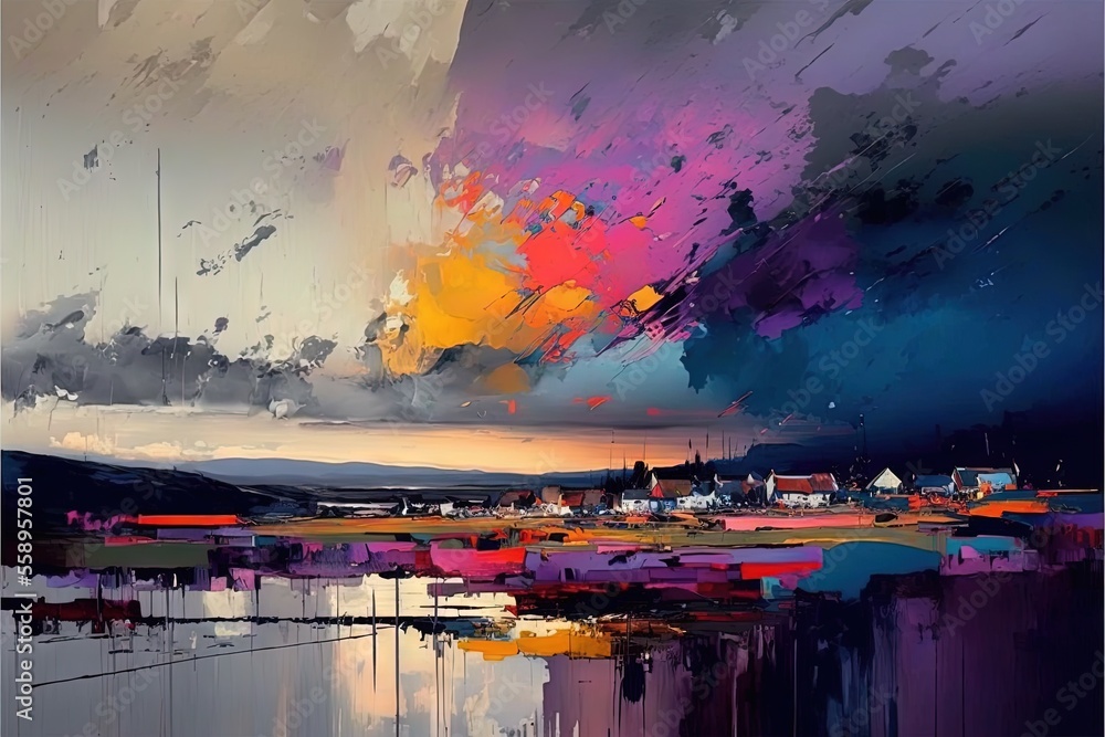 Poster a painting of a colorful sky with clouds and buildings in the background and a lake in the foregroun