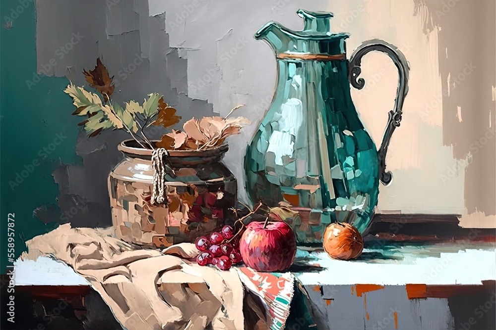 Poster a painting of a pitcher, apples, and a cloth on a table with a cloth on it and a vase with leaves an