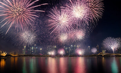 Panorama view of city skyline with fireworks reflections in the water Generative AI