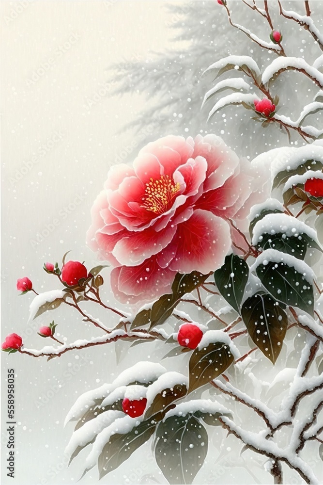 Poster a painting of a flower on a snowy branch with leaves and berries on it, with snow falling on the bra