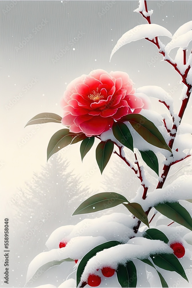 Poster a red flower is in the snow with a branch of a tree in the background and a white sky with snow on i