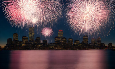 fireworks exploding over a city skyline with reflections in the water, digital render of an city with beautiful new year eve or fourth of july festival fireworks Generative AI