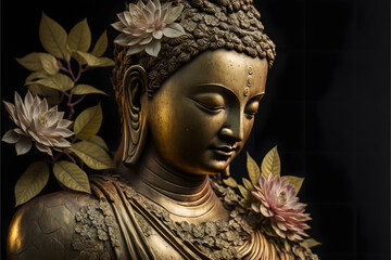 golden buddha statue with flower, dark simple background, dark background, simple illustration digital generative ai design art style - obrazy, fototapety, plakaty