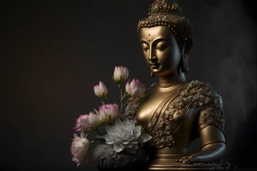 Tuinposter golden buddha statue with flower, dark simple background, dark background, simple illustration digital generative ai design art style © Luc.Pro