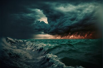 a large storm is coming over the ocean with a boat in the water below it and a red sky above it and a dark blue ocean below it with a wave and a red light at the bottom.