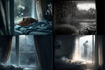 a painting of a person sleeping in a bed in a room with a window and a person standing in the rain outside the window and a person standing in the rain outside the window