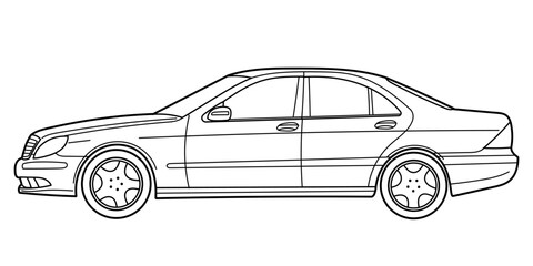 Classic luxury sedan car. Side view shot. Outline doodle vector illustration. Design for print, coloring book