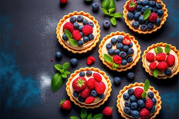 Obraz na płótnie Canvas a table topped with four tarts covered in fruit and leaves next to a cupcake with berries on top of it and mint leaves on top of the tarts and on the tarts.