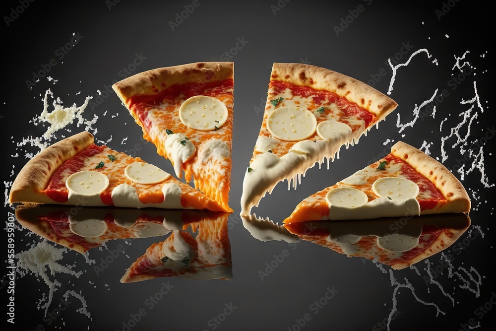 Poster  a sliced pizza with cheese and pepperoni on a black background with water splashing around it and a slice missing from it, with a slice missing from the rest of the pizza,. Generative AI