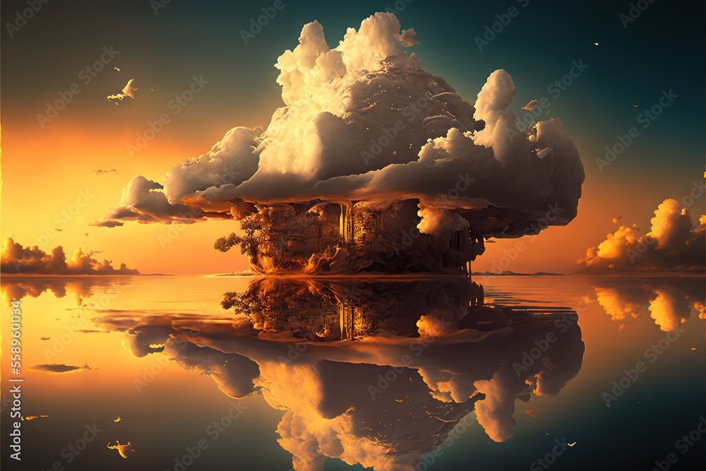 Poster a surreal image of a floating island with a sky background and clouds in the sky, with a reflection 
