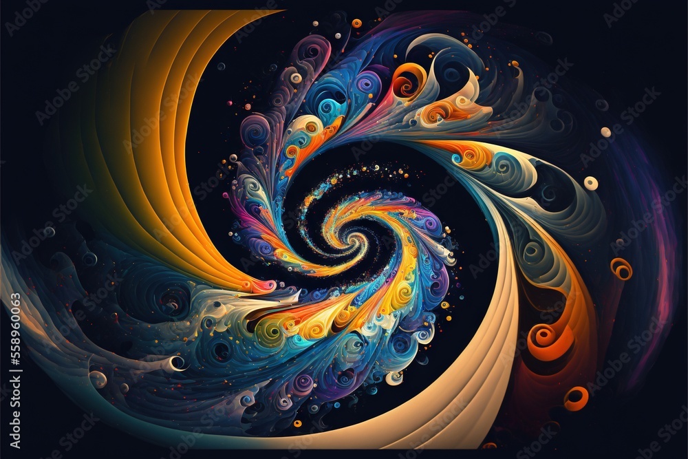 Poster a colorful swirl with bubbles and bubbles on a black background with a black background and a white 