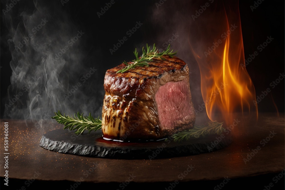 Poster a steak with a sauce and a sprig of rosemary on a plate with a flame in the background and a black b
