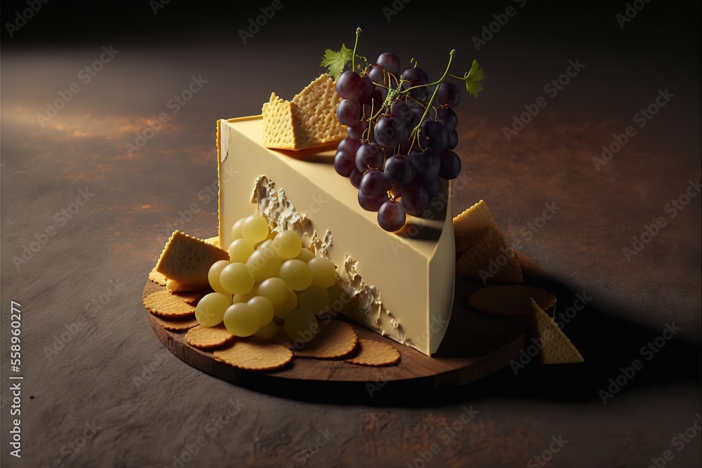 Poster a cheese board with grapes and crackers on it and a cheese wedge on the side of it with cheese and c