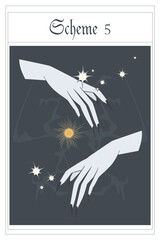 Witch hand. The enchanted witch casts a spell. Game card design.