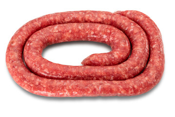 Rolled raw sausage isolated on white in top view with clipping path