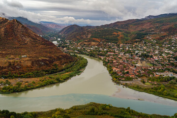 The confluence of the Kura and Aragvi rivers. View from Jvari Monastery, Mtskheta, Georgia