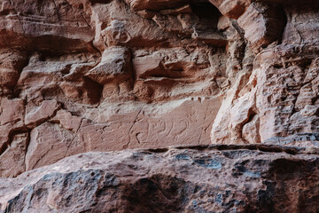 Ancient carvings in a canyon at the Wadi Rum desert in Jordan