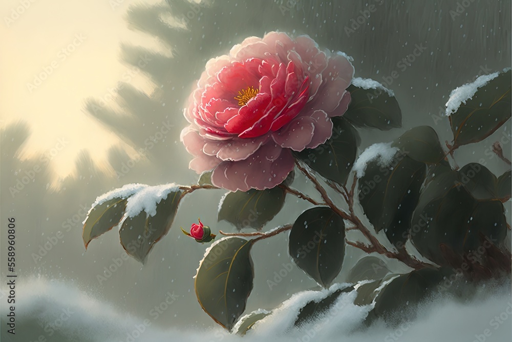 Poster a painting of a pink flower on a branch in the snow with snow falling on it and a pine tree in the b
