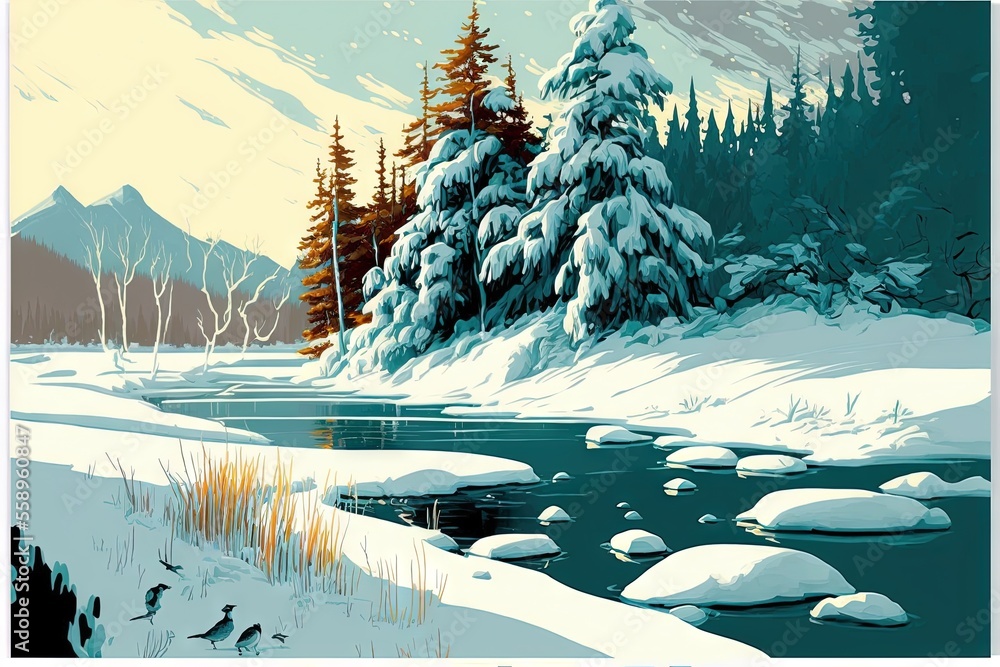 Poster a snowy landscape with a stream and trees in the background and a yellow sky above it is a snowy mou