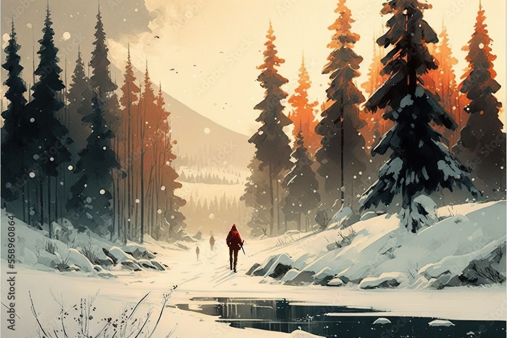 Poster a person walking through a snowy forest with a stream in the foreground and a sunset in the backgrou