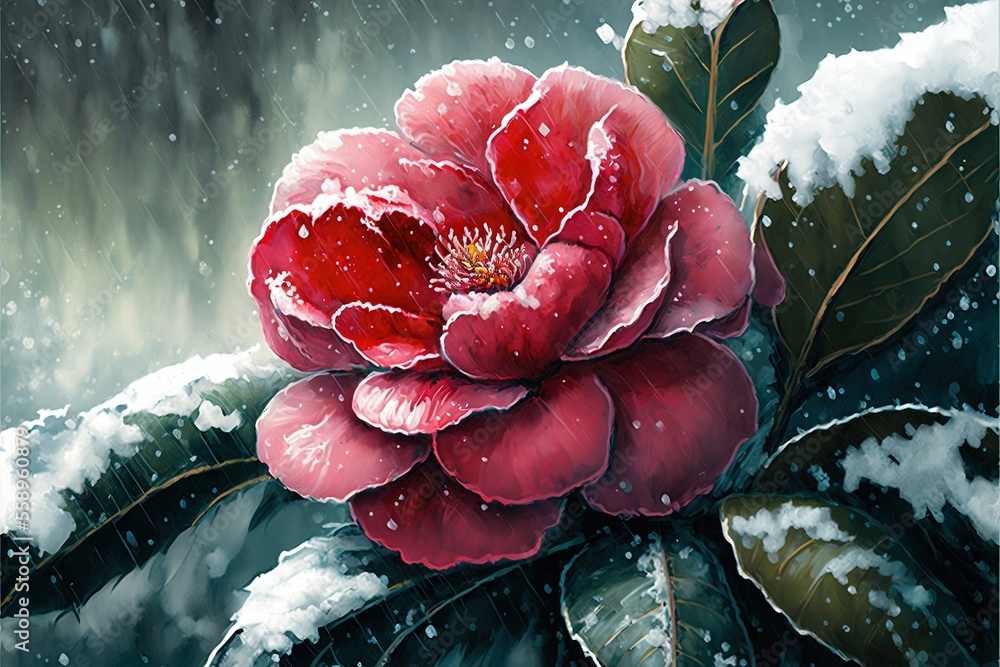Poster a red flower is sitting on a branch in the snow with snow falling on it and a green leaf is in the f