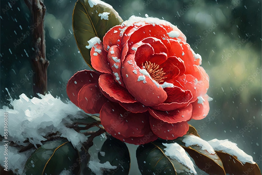 Poster a red flower is sitting on a snowy branch in the snow, with snow on the ground and behind it is a tr
