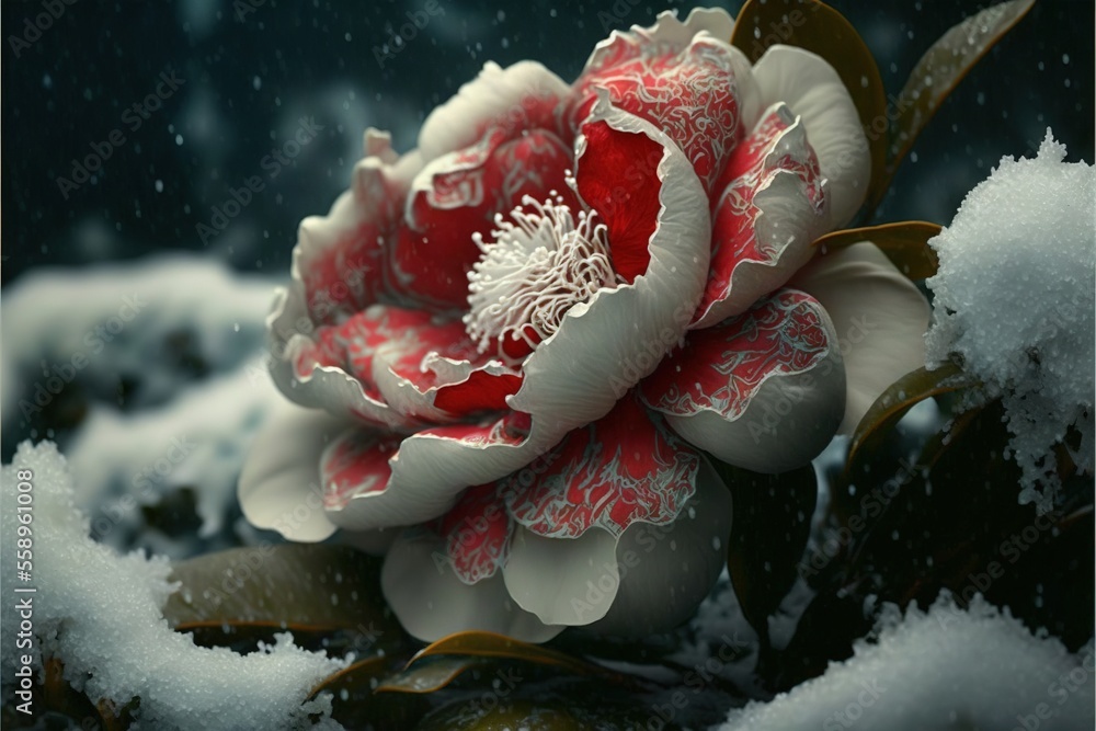 Poster a red and white flower is in the snow with snow on it's ground and snow on the ground around it, and
